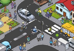 Eine gezeichnete Szene im Straßenverkehr, aus der Vogelperspektive gezeigt. In der Grundschule helfen solche vereinfachten Bilder bei der Verkehrserziehung.