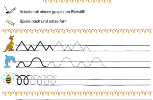Individuelle Schwungübungen in einem Arbeitsblatt, kombiniert mit Abbildungen von Tieren.