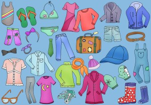 Kleidung Cliparts auf blauem Hintergrund, gezeichnet.